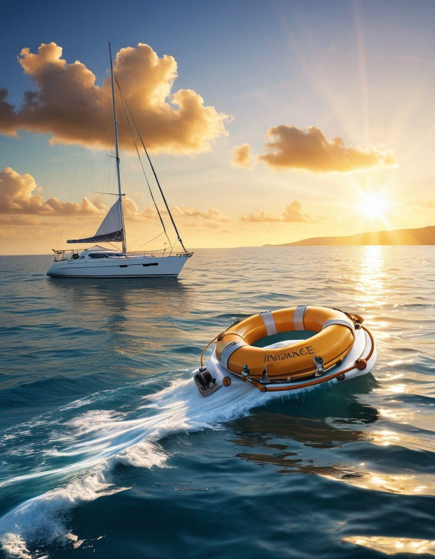 An elegant yacht sailing smoothly on calm blue waters, with the sun setting in the background casting golden rays. Include visual elements like a life preserver with the word 'Insurance' written on it, and a detailed map of the sea in the foreground. The scene should evoke a sense of luxury, security, and adventure. super-realistic. vibrant colors. tranquil setting.