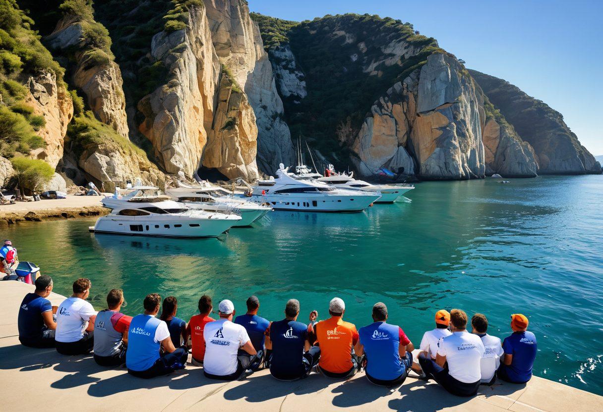 A serene coastal scene featuring a luxurious yacht anchored near a vibrant marina, with gentle waves lapping the hull. In the foreground, a diverse group of sailors enjoys a safety briefing, emphasizing the importance of yacht protection. The background showcases scenic cliffs and a sunny sky, symbolizing adventure and freedom. Incorporate elements like life vests and safety gear to highlight liability awareness. super-realistic. vibrant colors. nautical theme.